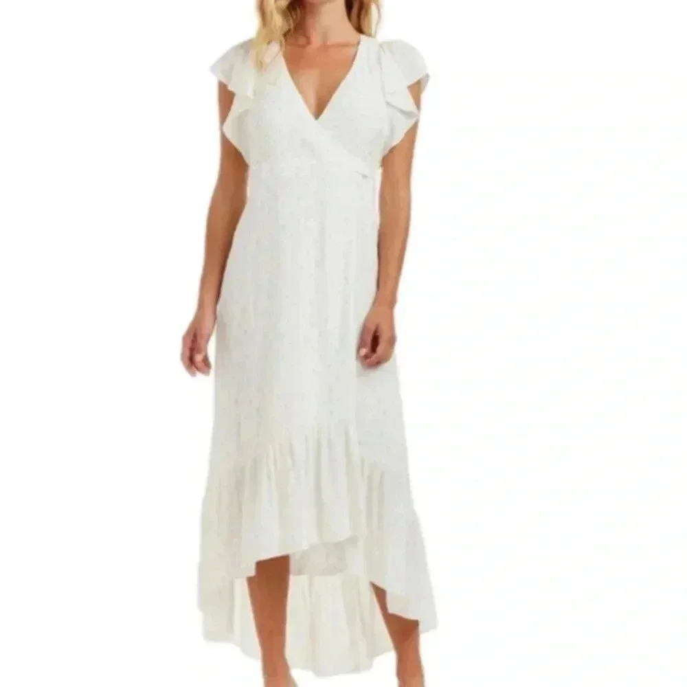 DREW White & Gold‎ Short Flutter Sleeve High Low True Wrap Maxi Dress Small, NWT
